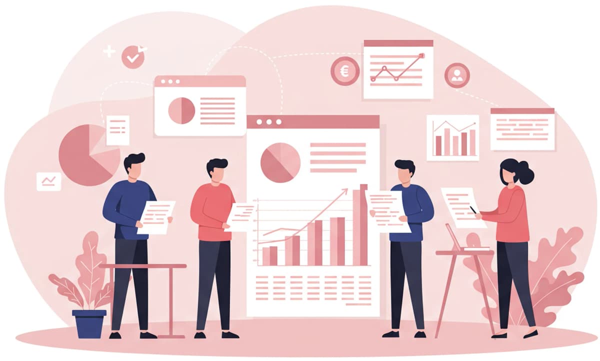 Business people collaborating with charts and graphs